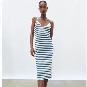 Zara Knit Blue and Green Striped Midi Dress Size M NWT